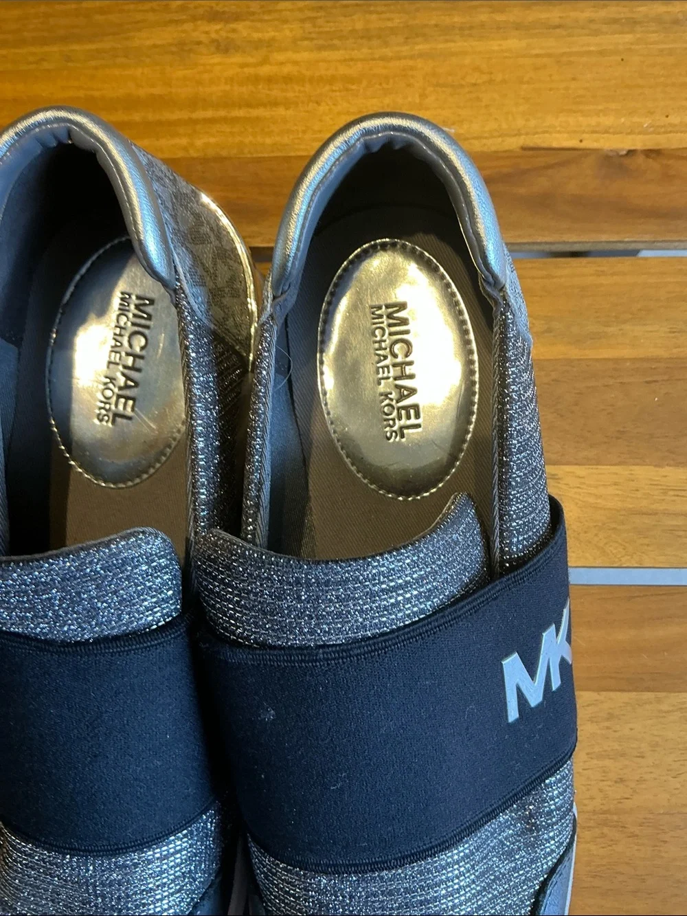 Michael Kors Metallic Silver Glitter Slip-On Sneakers with Black Elastic Strap